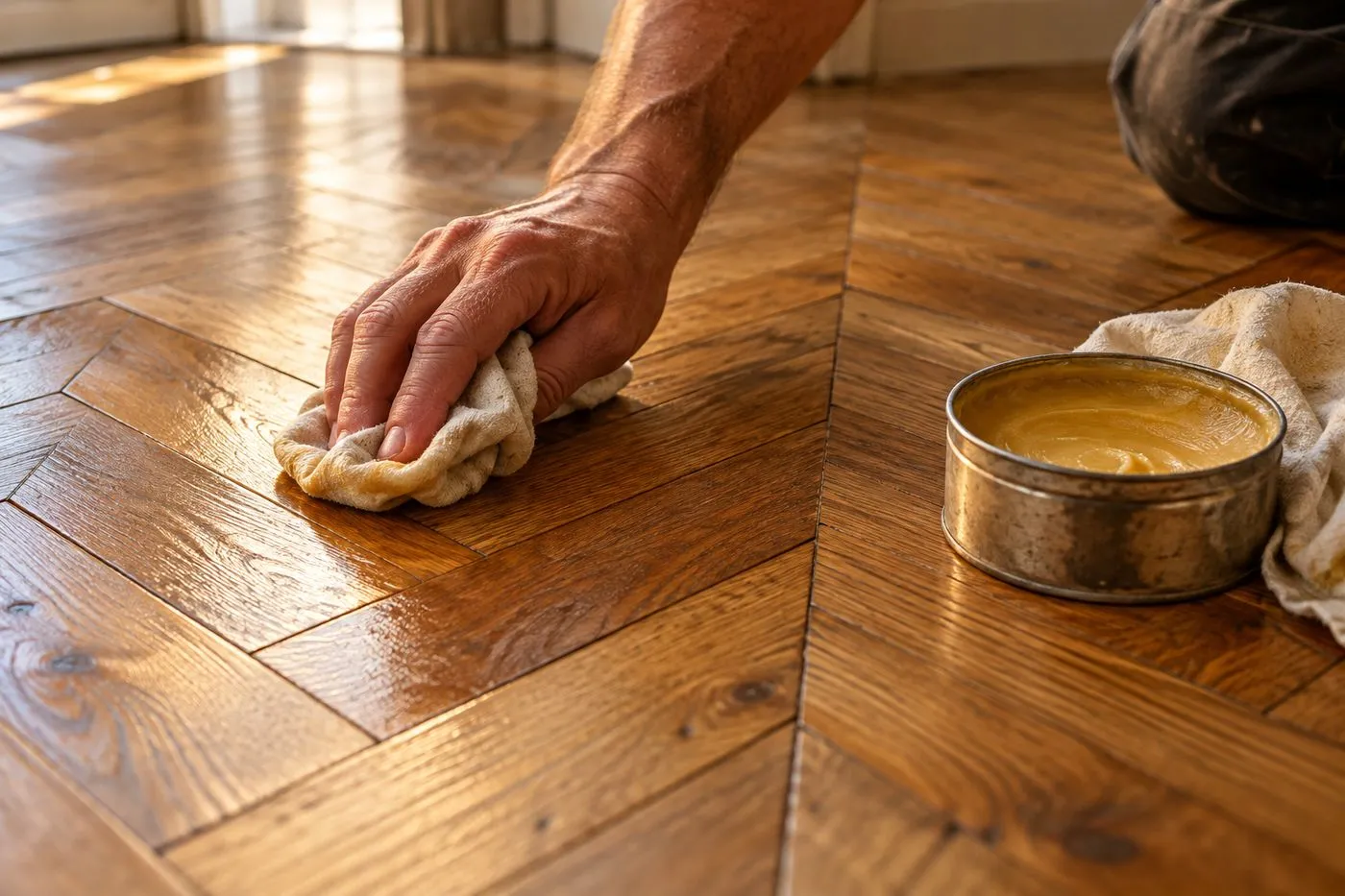 Main appliquant de la cire d'abeille au chiffon sur un parquet ancien en chêne