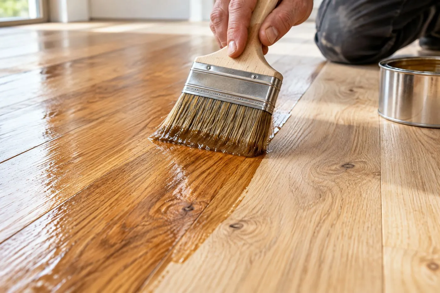 Huile pour parquet étalée au pinceau large sur des lames de bois brut