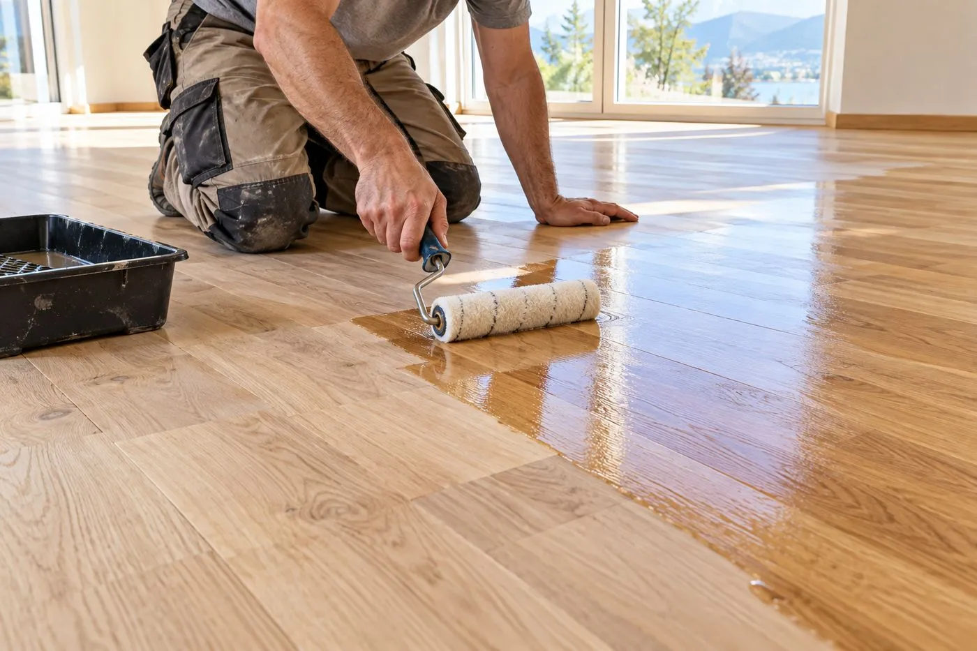 Vitrificateur passé au rouleau sur un parquet en chêne fraîchement poncé