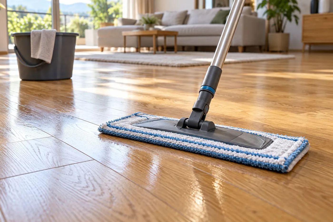 Nettoyage d'un parquet vitrifié avec une serpillière plate bien essorée