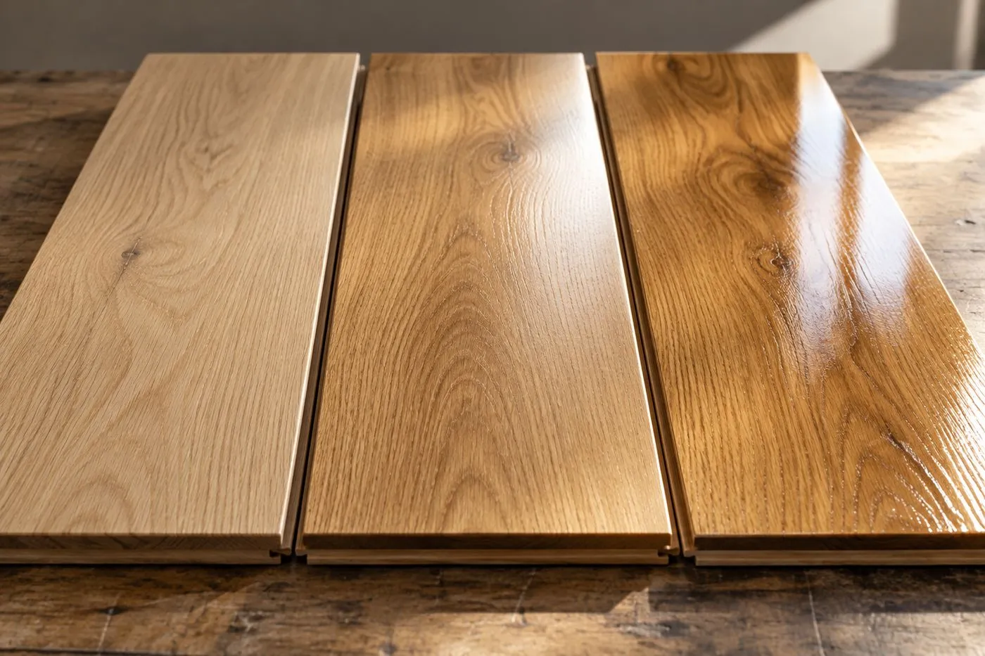 Trois lames de parquet en chêne aux finitions mate, satinée et brillante sous une lumière rasante