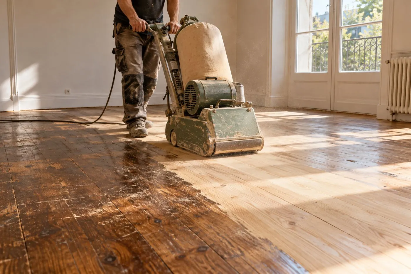 Ponceuse à parquet retirant l'ancienne finition d'un parquet en chêne