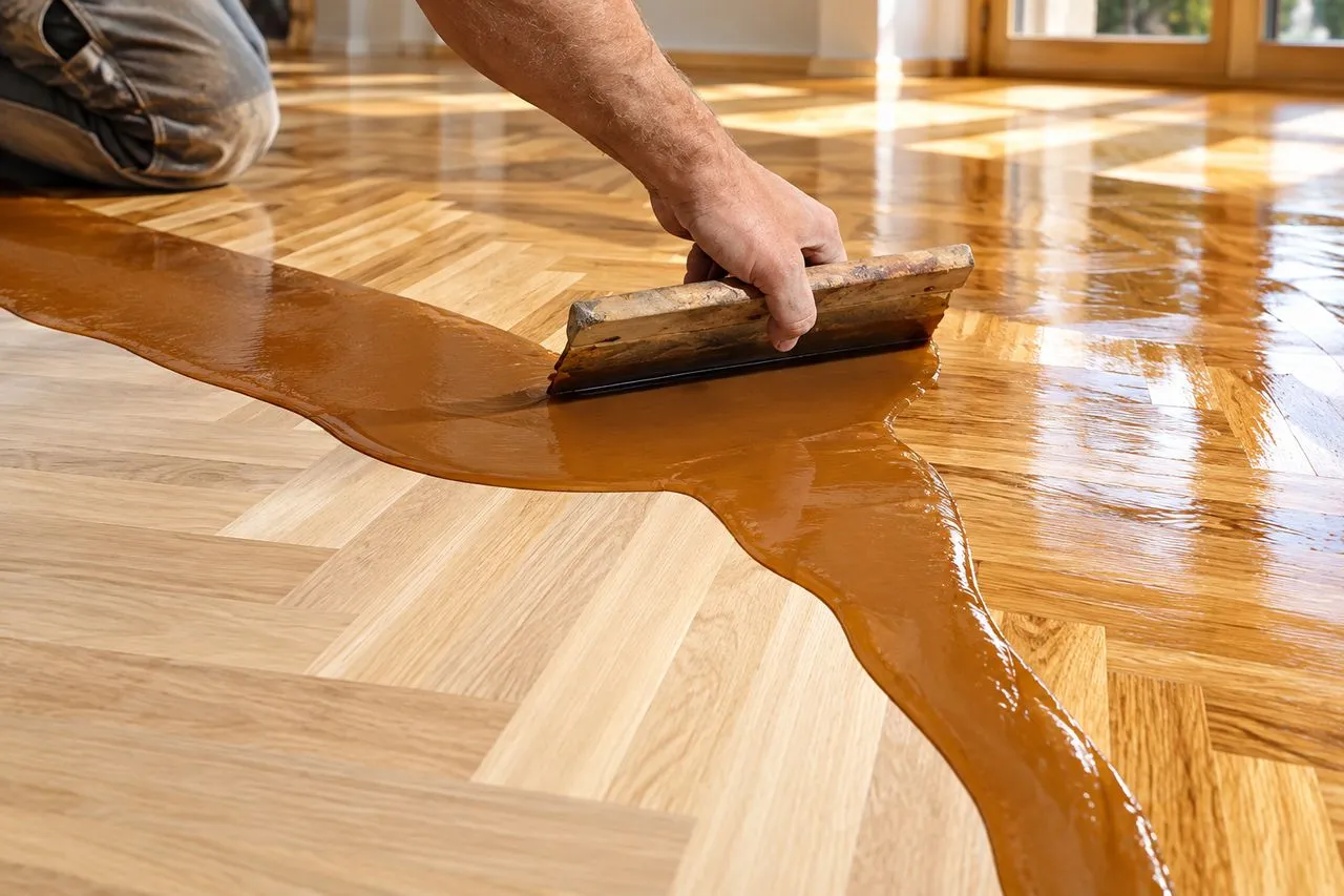 Produit de traitement étalé à la spatule sur un parquet en chevrons