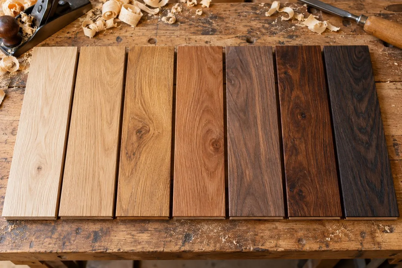 Échantillons de lames de parquet massif en chêne et autres essences, du plus clair au plus foncé