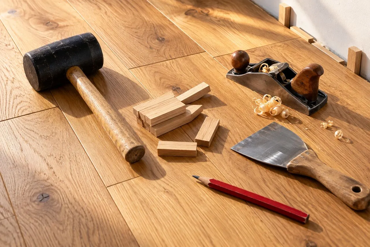 Outils d'artisan parqueteur disposés sur un parquet en chêne : maillet, cales, rabot et spatule