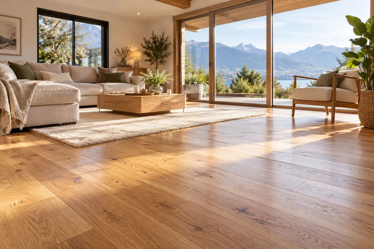 Salon chaleureux au parquet en chêne rénové, baigné de lumière naturelle