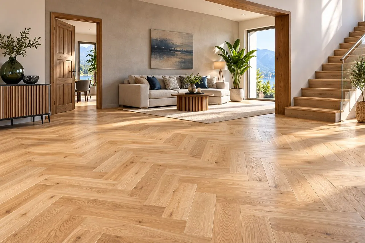 Salon lumineux revêtu d'un parquet clair posé en chevrons