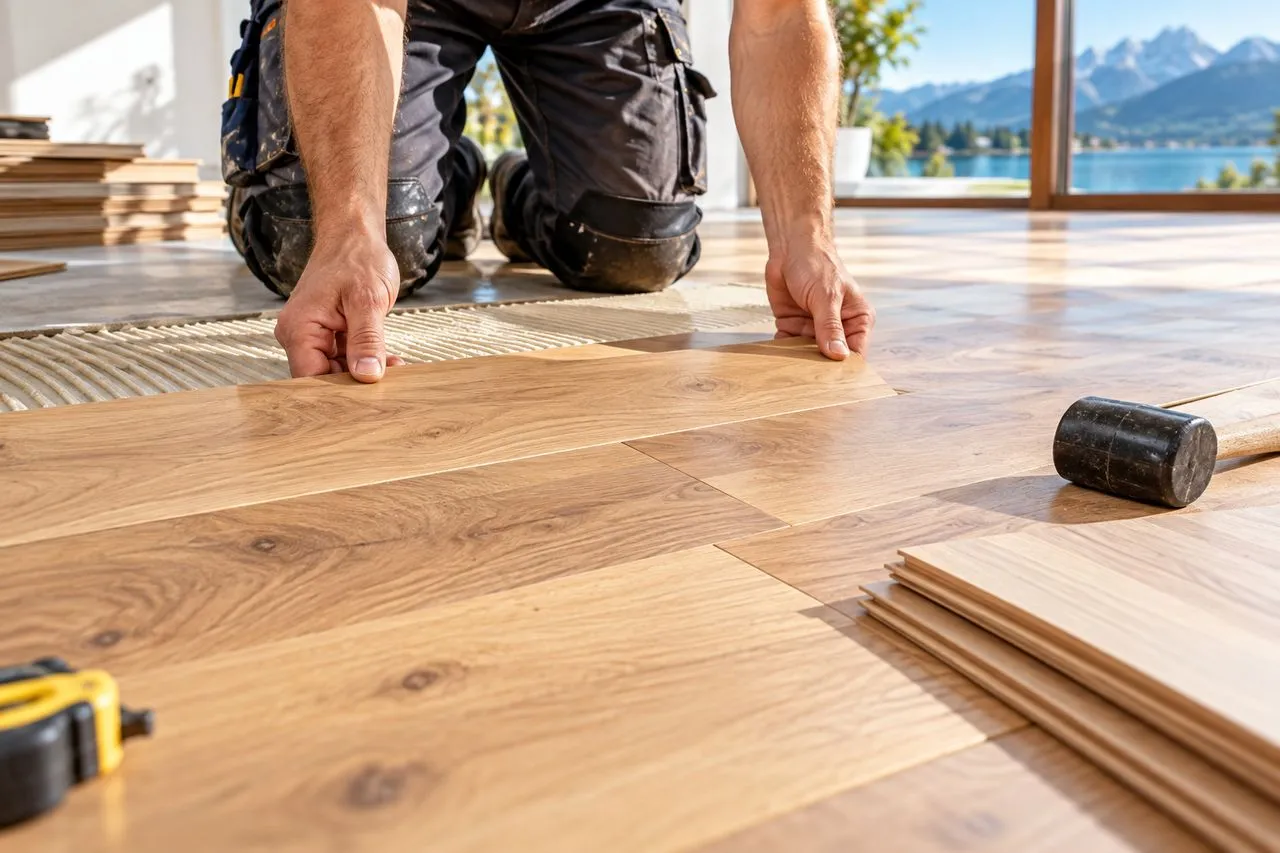 Artisan parqueteur assemblant des lames de parquet à genoux, maillet et crayon posés au sol