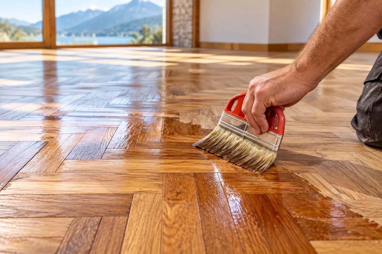 Teinte appliquée au pinceau sur un parquet en chevrons en cours de rénovation