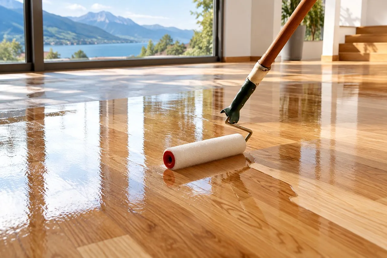 Vitrificateur appliqué au rouleau sur un parquet, qui retrouve un aspect brillant